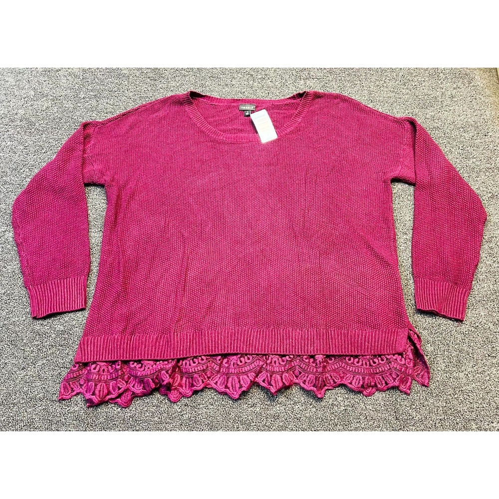 Torrid Sweater Womens 2 Burgundy Cable Knit Cotton Preppy Crocheted Lace Hem